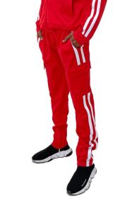 Two Stripe Cargo Pouch Track Pants (Color: RED WHITE, size: 2XL)