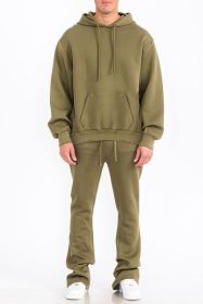 Mens Solid Fleece Flare Stacked SET (Color: OLIVE, size: L)